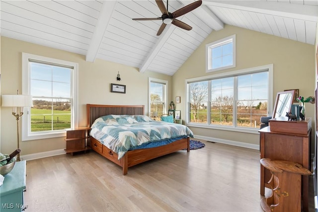 46748 New London Eastern Rd, New London, OH 44851 - bedroom featuring a ceiling fan, beam ceiling, wooden ceiling, baseboards, and light wood-style flooring