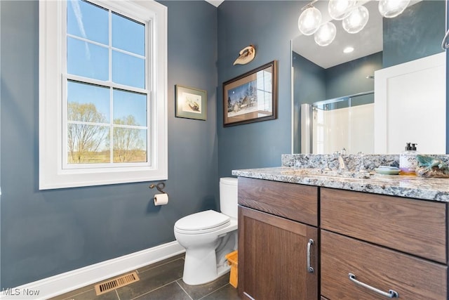 46748 New London Eastern Rd, New London, OH 44851 - bathroom featuring visible vents, tile patterned flooring, a shower stall, baseboards, and toilet