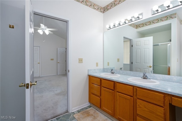 11235 Frederick Ln, Twinsburg, OH 44087 - bathroom featuring double vanity, a ceiling fan, a sink, and a shower with shower door