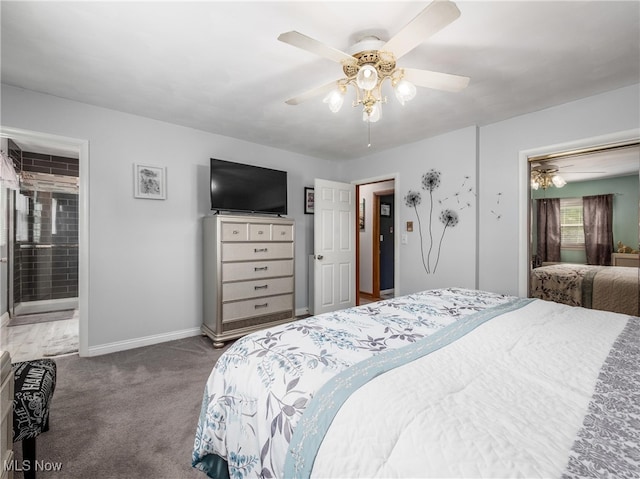 carpeted bedroom featuring baseboards, a ceiling fan, and ensuite bathroom