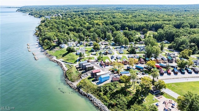 aerial view with a water view and a forest view