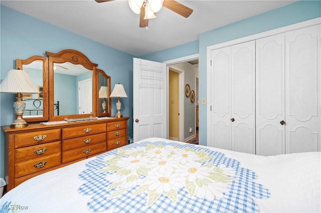 bedroom with a ceiling fan and a closet