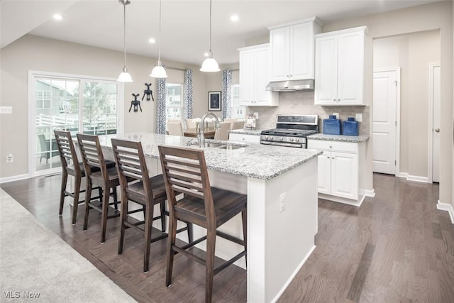 1030 Ashford Ct, Columbia Station, OH 44028 - kitchen featuring stainless steel gas range, a sink, baseboards, under cabinet range hood, and a center island with sink