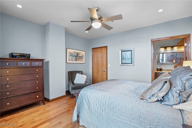 bedroom featuring recessed lighting, baseboards, ceiling fan, and light wood finished floors