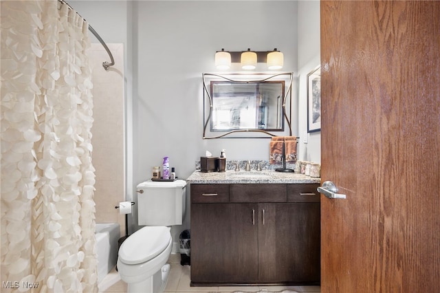 bathroom with vanity, shower / tub combo with curtain, tile patterned flooring, and toilet