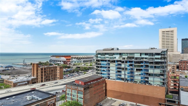 exterior space with a water view