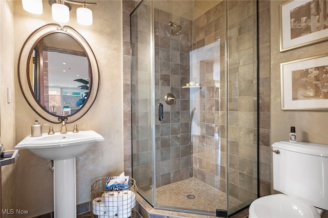 full bathroom with a sink, toilet, and a shower stall