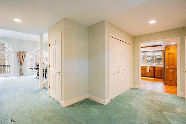 1175 Inverness Ln, Stow, OH 44224 - hallway with light colored carpet, recessed lighting, baseboards, and wallpapered walls