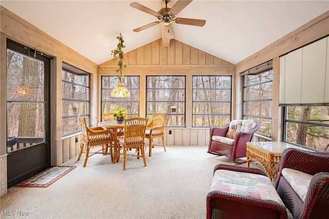 1175 Inverness Ln, Stow, OH 44224 - sunroom / solarium featuring vaulted ceiling with beams, plenty of natural light, carpet floors, and ceiling fan