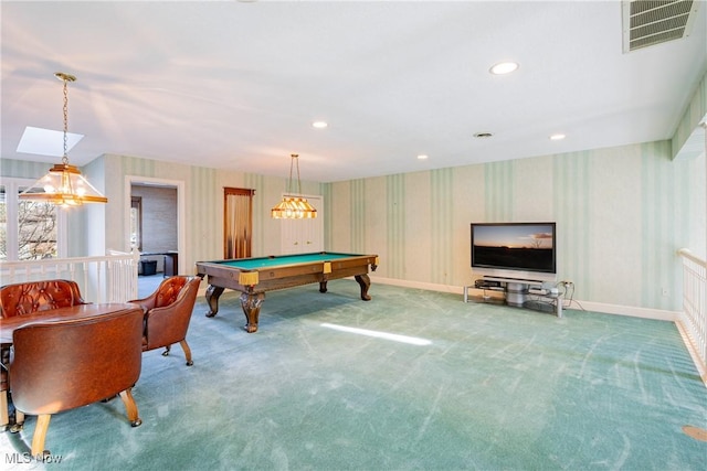 1175 Inverness Ln, Stow, OH 44224 - rec room featuring pool table, carpet flooring, wallpapered walls, and visible vents