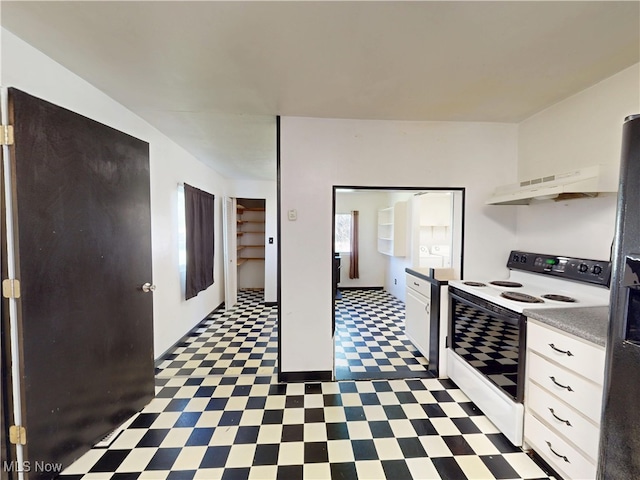 kitchen featuring open shelves, light floors, white cabinetry, under cabinet range hood, and white electric stove