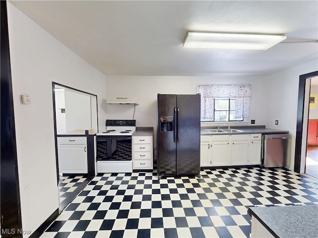 kitchen featuring a sink, dishwasher, tile patterned floors, range with electric stovetop, and black fridge with ice dispenser