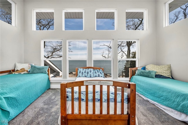 carpeted bedroom with a towering ceiling