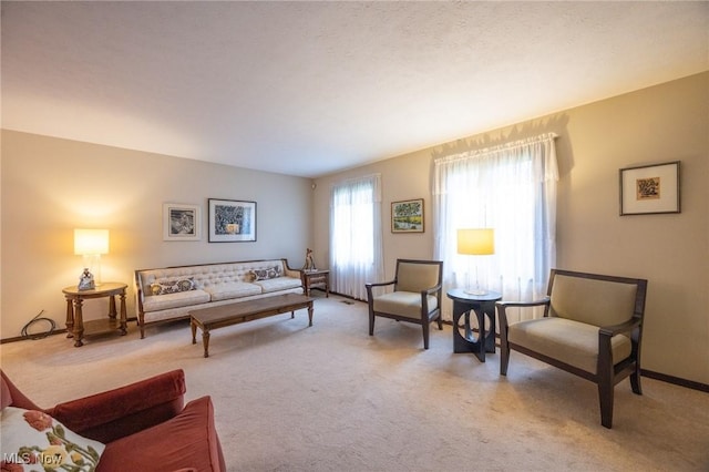 living room featuring light carpet