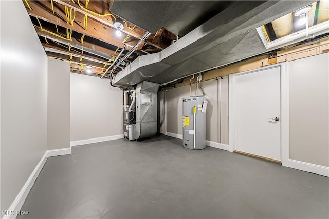 unfinished basement with water heater, baseboards, and heating unit