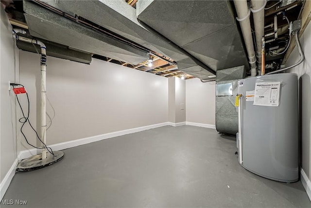 unfinished basement with baseboards and heating unit