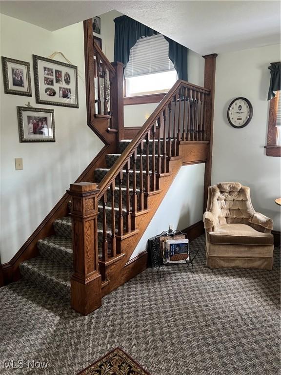 staircase with baseboards and carpet