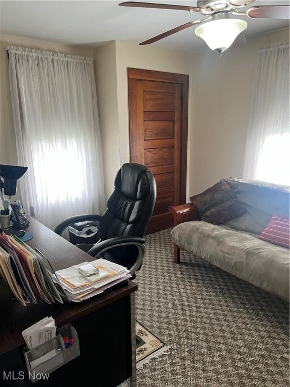 office area featuring plenty of natural light, a ceiling fan, and carpet floors