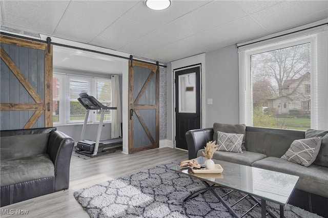 288 College St, Wadsworth, OH 44281 - living room featuring baseboards, a barn door, and wood finished floors