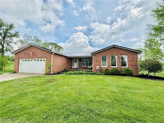 ranch-style home featuring concrete driveway, brick siding, a front lawn, and a garage