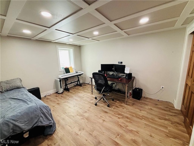 bedroom with recessed lighting, baseboards, coffered ceiling, and light wood-style floors
