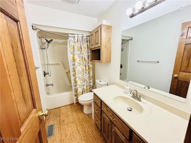 full bath with shower / bath combo with shower curtain, visible vents, toilet, and vanity