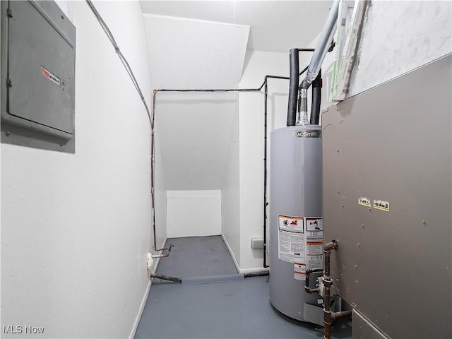 utility room with gas water heater and electric panel