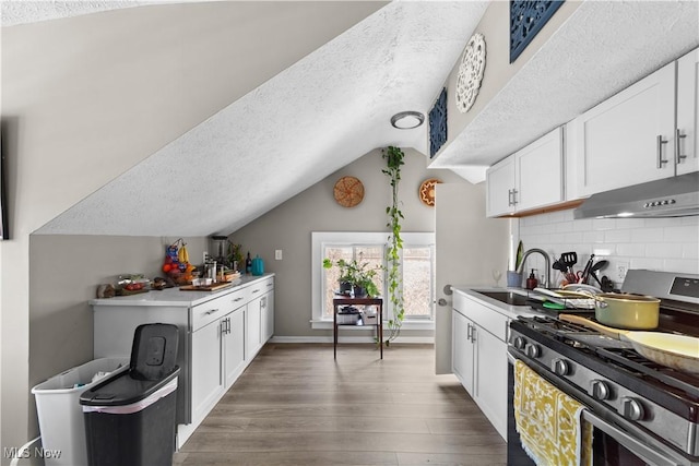 1335 W Blvd, Cleveland, OH 44102 - kitchen with a textured ceiling, stainless steel gas range oven, vaulted ceiling, wood finished floors, and under cabinet range hood