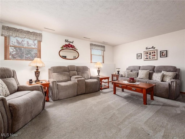 living room with carpet flooring, a textured ceiling, and plenty of natural light