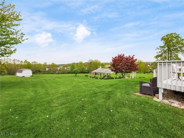 view of yard with a storage shed and an outdoor structure