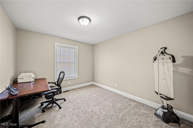 office with carpet floors, a textured ceiling, and baseboards