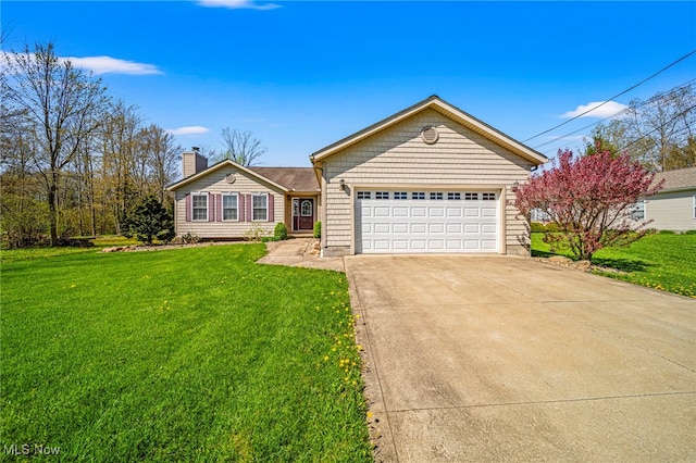 single story home with concrete driveway, an attached garage, a chimney, and a front yard