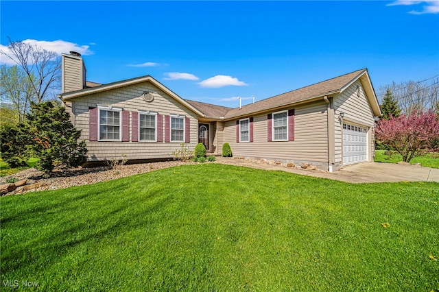 ranch-style house with a chimney, an attached garage, driveway, and a front yard