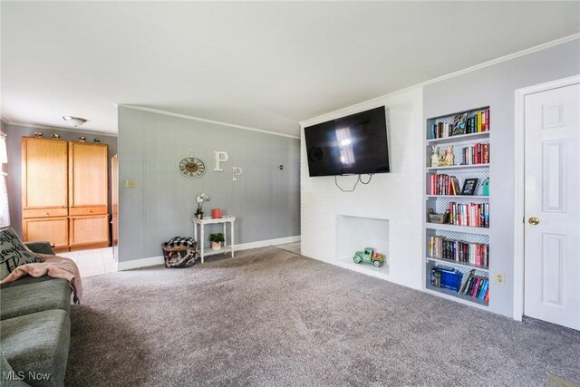 7377 Sierra Madre Trl, Boardman, OH 44512 - living area with ornamental molding, carpet, and built in shelves