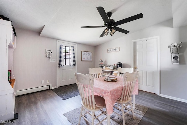 7377 Sierra Madre Trl, Boardman, OH 44512 - dining room featuring a ceiling fan, baseboards, dark wood finished floors, and a baseboard radiator