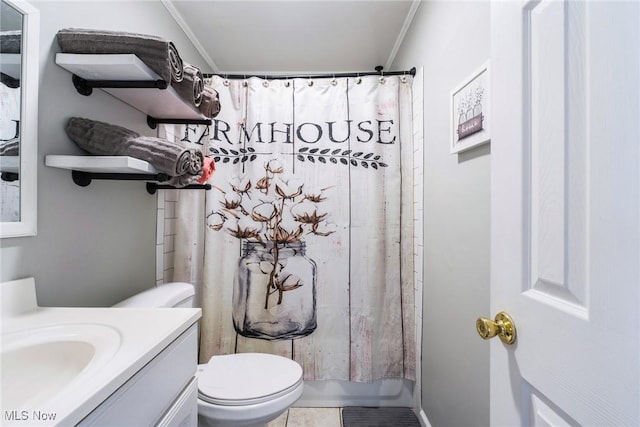 7377 Sierra Madre Trl, Boardman, OH 44512 - full bathroom with vanity, ornamental molding, tile patterned flooring, and toilet