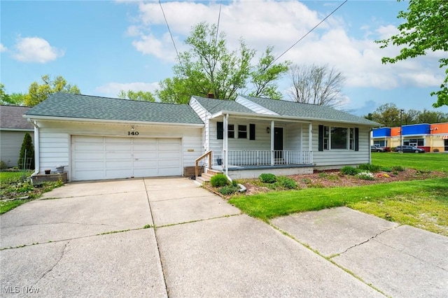 ranch-style home with a shingled roof, a garage, a front yard, concrete driveway, and covered porch