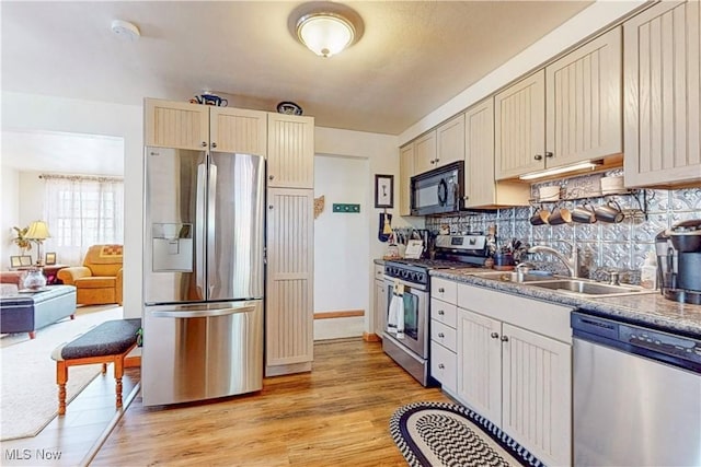 kitchen with appliances with stainless steel finishes, tasteful backsplash, a sink, baseboards, and light wood finished floors