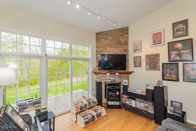 living room featuring rail lighting, vaulted ceiling, and light wood-type flooring