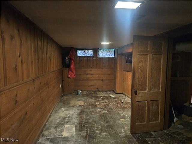 basement featuring wood walls