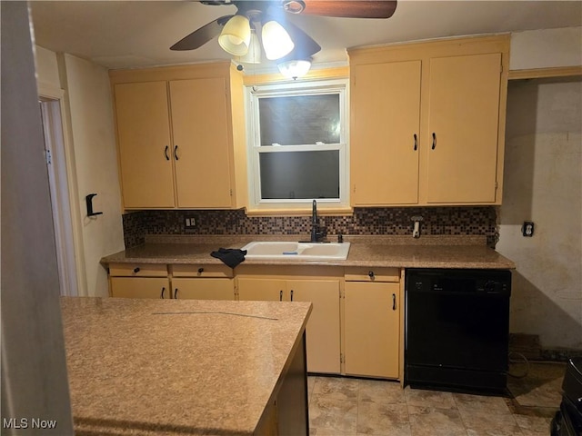 kitchen featuring a sink, ceiling fan, dishwasher, and cream cabinetry