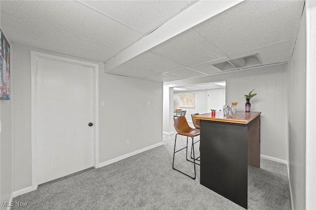 bar featuring carpet flooring, baseboards, and a drop ceiling