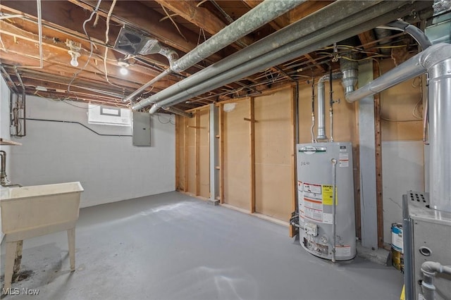 below grade area with gas water heater and electric panel