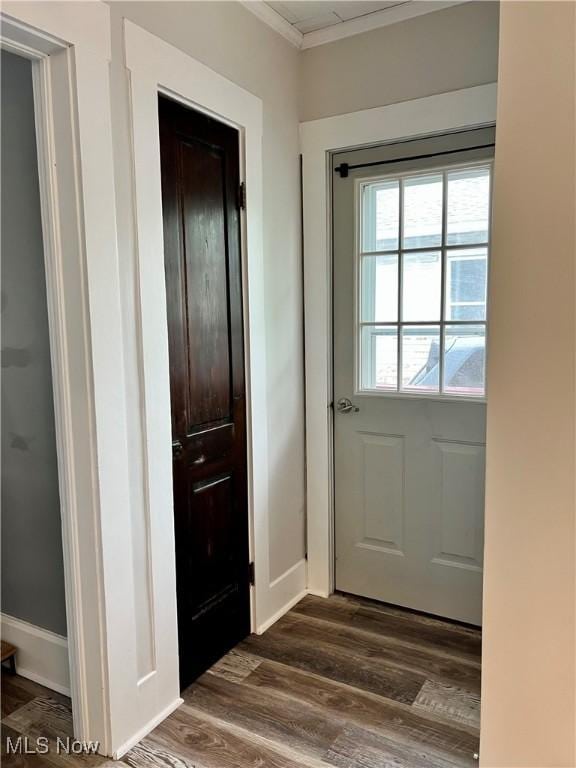 doorway featuring baseboards, ornamental molding, and dark wood finished floors