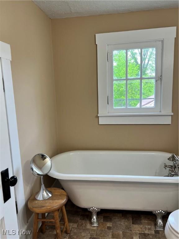 full bathroom with a freestanding bath and stone finish flooring