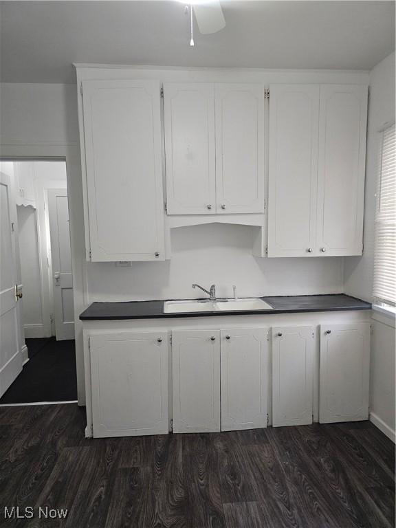 kitchen featuring a sink, white cabinets, and dark wood-style flooring