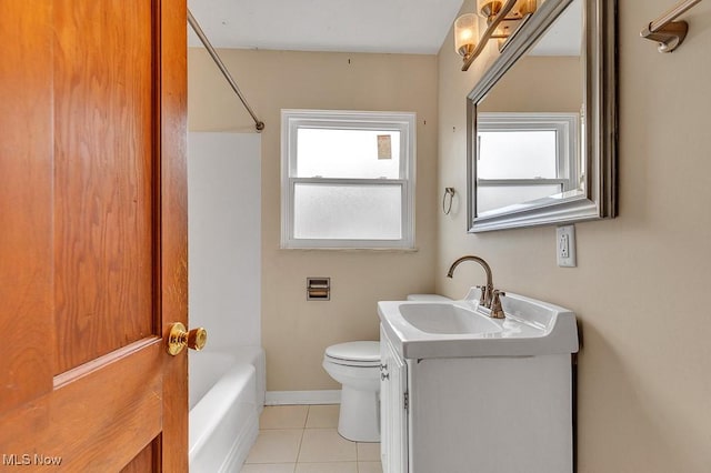 23267 Marion Rd, North Olmsted, OH 44070 - full bath with tile patterned flooring, vanity, toilet, baseboards, and shower / bath combination