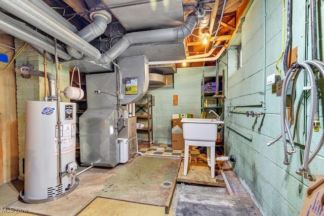 23267 Marion Rd, North Olmsted, OH 44070 - unfinished basement featuring heating unit, water heater, and concrete block wall