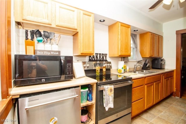 kitchen featuring ceiling fan, black microwave, a sink, light countertops, and stainless steel electric stove