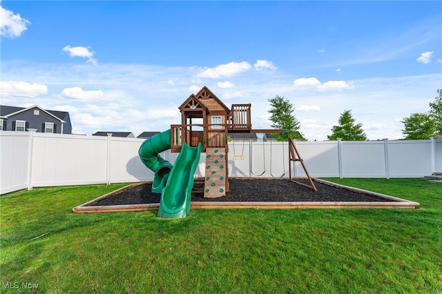 view of jungle gym with a fenced backyard and a yard